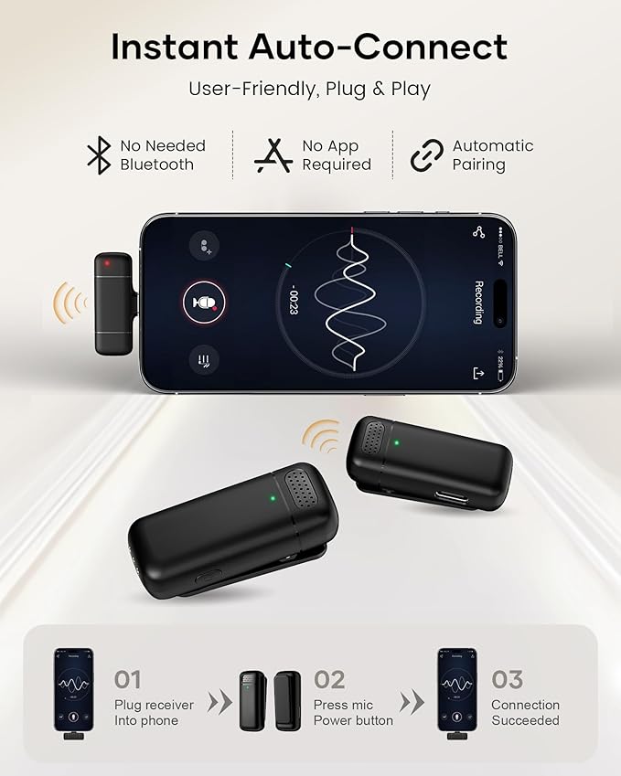 Wireless Lavalier Microphone with Charging Case, 36H Battery Life, Noise Cancellation, 135ft Range, Plug-and-Play Clip-On Mic for iPhone, iPad, Android, YouTube, Vlog, Live Streaming - Image 2