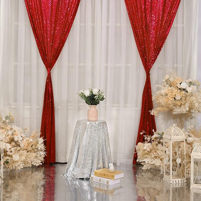 Poise3EHome Red Sequin Backdrop Curtain, 2 Panels 2Ft x 8Ft Glitter Photography Back Drop for Wedding Birthday Christmas Valentines Day Carnival Party Decorations - Image 7