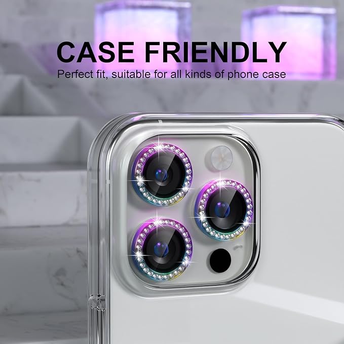 Choiche for iPhone 16 Pro/iPhone 16 Pro Max Camera Lens Protector | Ultra HD, Bling 9H Tempered Glass Camera Cover Screen Protector Metal Ring Decoration Accessories (Diamond-Colorful) - Image 4