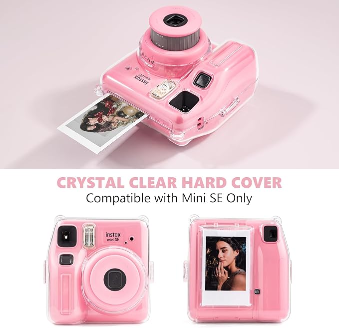 Fuji Mini SE Clear Case, Hard PC Protective Case for Instax Mini SE Instant Camera with Cute Cartoon Sticker & Adjustable Shoulder Strap - Pink Hey Cat - Image 2