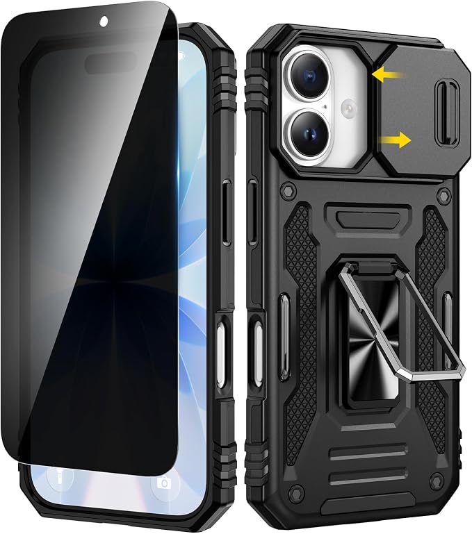 VEGO for iPhone 17 Case with Privacy Screen Protector and Stand Black | Slide Camera Cover & Ring Kickstand Military Grade Heavy Duty Protection Cover for iPhone 17 5G 6.3 Inch - Black by VEGO