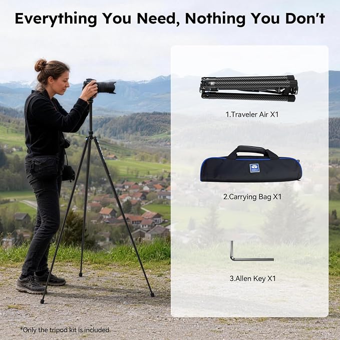 SIRUI Traveler Air Carbon Fiber Travel Tripod, KV-5 Fluid Head, 61" | 1.33kg Lightweight, 360° Pan, -80° To 90° Tilt, 2s Quick Release Leg, Reversible Column, Max Load 5kg - Image 8