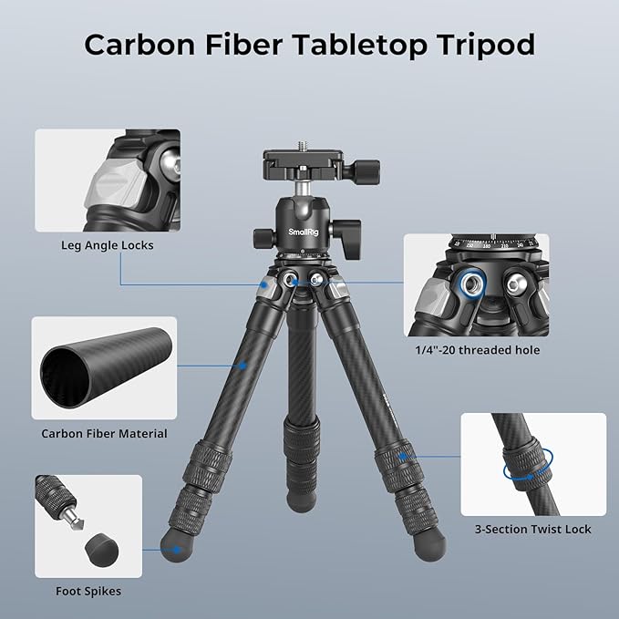 SmallRig Carbon Fiber Mini Desktop Tripod with 360° Ball Head | Compact 15.5" tripod, Built-in QR Plate for Arca, Ball Head Capacity 3kg / 6.6lb for Cameras, DSLRs, Lenses - Image 3