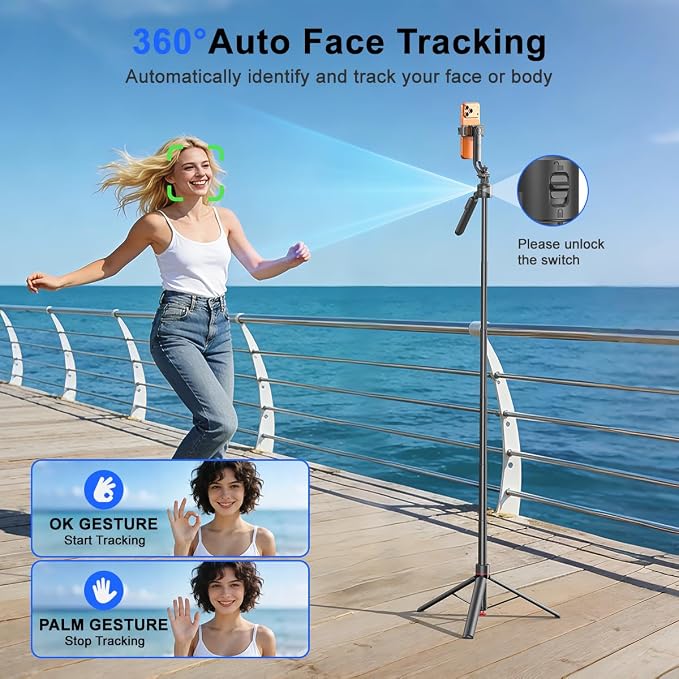 69.3" Auto Face Tracking Selfie Stick Tripod, 360° Rotation Auto-Open Phone Tripod Stand with Rechargeable Remote,for TikTok/Vlog/Live Stream,Compatible with iPhone/Android/Camera/GoPro - Image 2