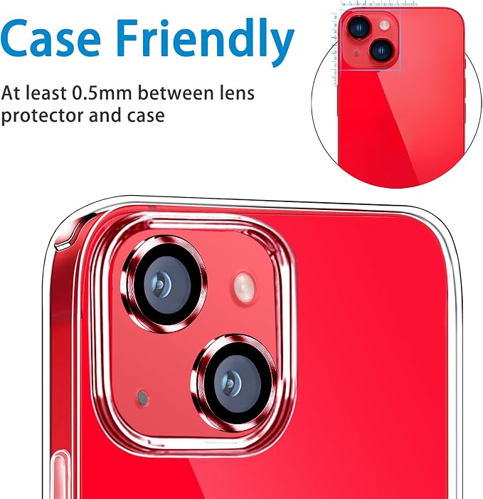 for iPhone 13 Mini/iPhone 13 Camera Lens Protector, Anti-Scratch 9H Tempered Glass Metal Camera Screen Protector Shockproof Cover Film Ring -2 Pcs Red - Image 2