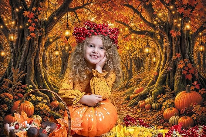 Fall Forest Photo Backdrop 12x8ft Autumn Garden Backdrop for Photography Fall Pumpkin Maple Wonderland Floral Background for Photoshoot Thanksgiving Birthday Photo Booth Props Vinyl - Image 5