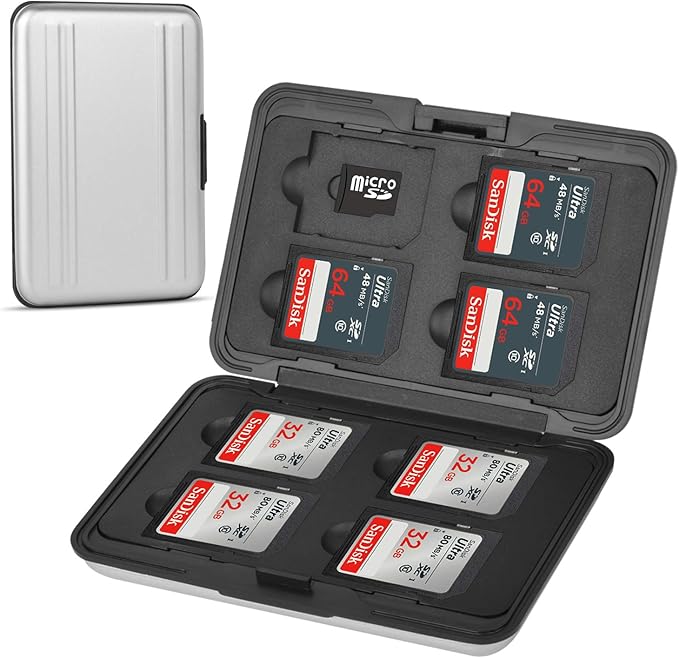 Aluminum Shock Resistant Carrying Box Memory Card Storage Case Holder 8 Slots for SD SDHC MMC Micro SD TF Cards Silver by Qkenvo