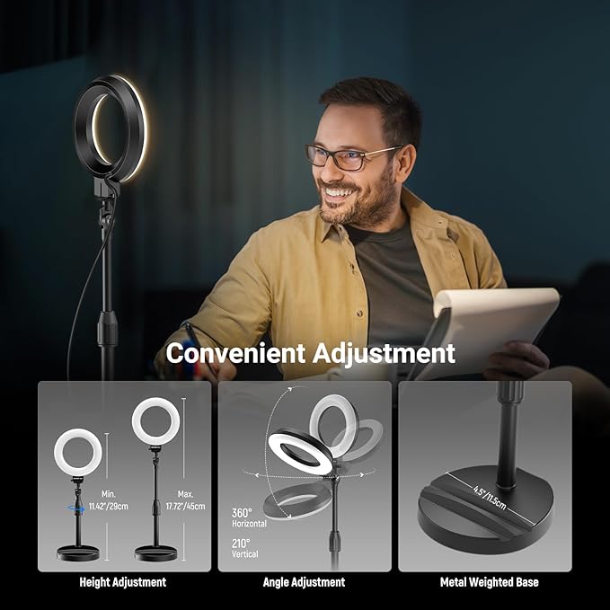 NEEWER Basics 5" LED Desktop Ring Light with Stand, Monitor Clamp, 10W, Compatible with iPhone Desk Computer Laptop Webcam Phone for Selfie Makeup Recording Zoom Video Conference Lighting, Black BR60 - Image 6