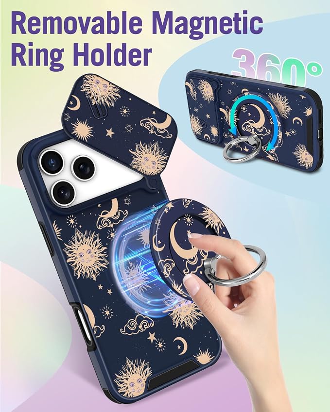 Buleens for iPhone 17 Pro Max Case 6.9 Inch - with Ring Stand & Camera Cover Aesthetic Cute Designed for Women Girls Girly Kawaii Sun Moon Star Phone Case for iPhone 17 Pro Max Compatible with Magsafe - Image 5