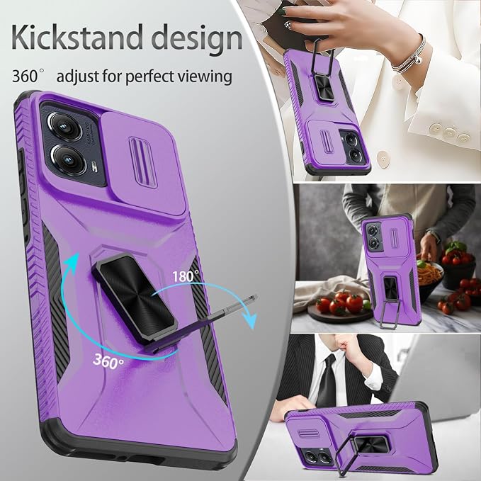for Moto Edge 2024 Case,with Sliding Camera Lens Cover,HD Screen Protector,360° Rotating Ring Kickstand, Military-Grade Shockproof Protective Cover for Motorola Moto Edge 2024,Purple - Image 5