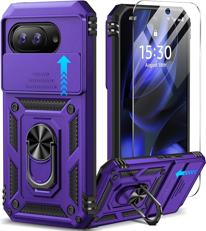 Taisairu for Google Pixel 9A Case with Screen Protector & Slide Camera Lens Cover, Built-in 360°Rotate Magnetic Ring Stand Shockproof Protective Phone Case for Google Pixel 9A Case (Purple) by Taisairu