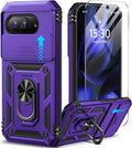 Taisairu for Google Pixel 9A Case with Screen Protector & Slide Camera Lens Cover, Built-in 360°Rotate Magnetic Ring Stand Shockproof Protective Phone Case for Google Pixel 9A Case (Purple) by Taisairu
