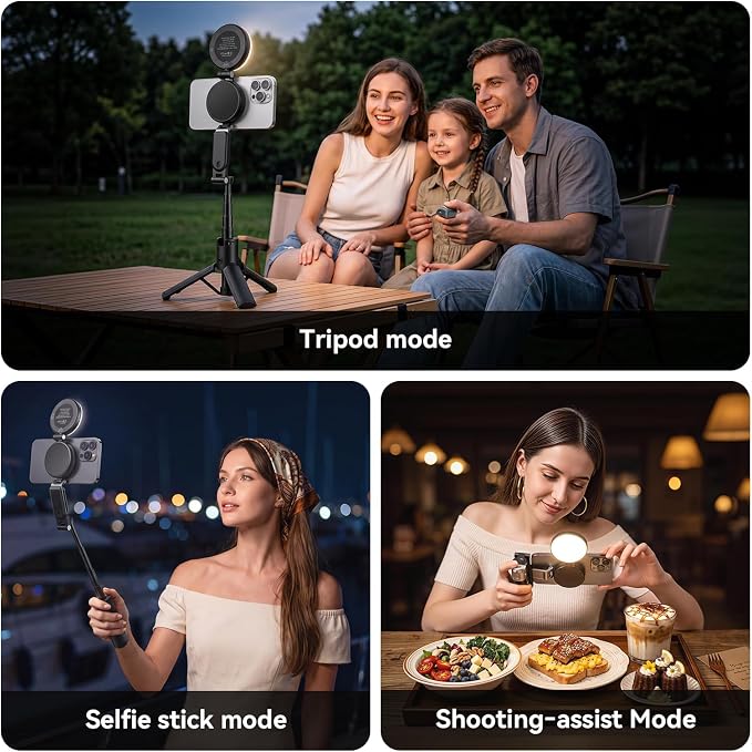 AMAZEAR Phone Camera Grip with Selfie Stick Tripod, Cellphone Accessories with Detachable Wireless Shutter Button for iPhone 16 17 Pro Max, Comfort Ergonomic Phone Handle Holder, Black with Light - Image 2