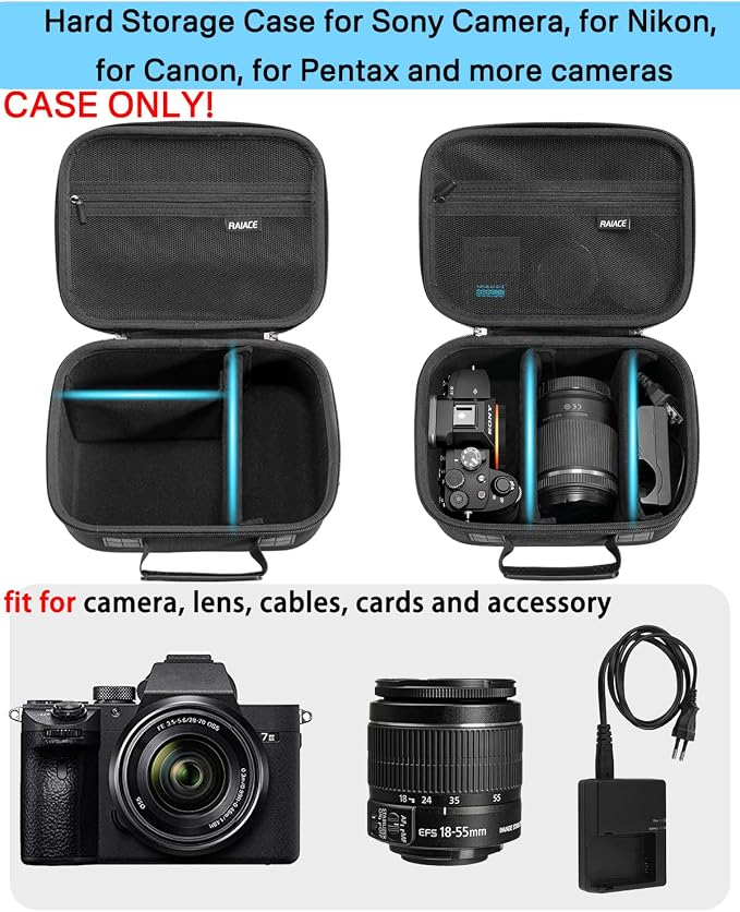 RAIACE Hard Case Compatible with Sony Alpha 7 II III IV/7R V Camera, for Nikon, for Canon, for Pentax and More. Mesh Pocket for Charger, Cables, Cards and Accessories. (case only) - Black - Image 2