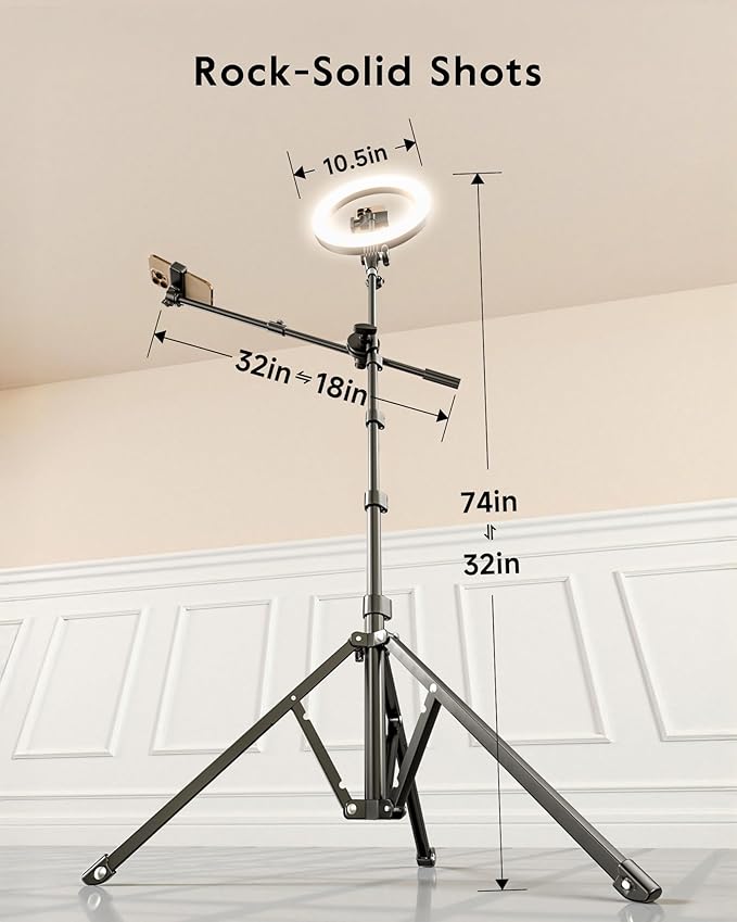 LUXSURE Ring Light with 62'' Tripod Stand for Video Recording, 10.5'' Ring Light Tripod for iPhone with 2 Shooting Positions, Overhead Phone Mount for YouTube, Makeup, Cooking - Image 5