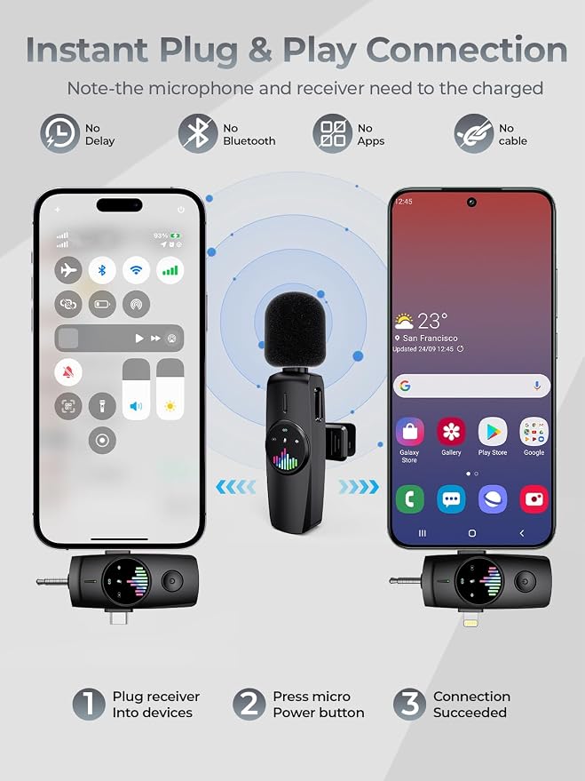 3-in-1 Wireless Microphone:20H Battery, 80ft | Microphone for iPhone & Android - DSP 3-Mode Noise Cancelling for Vloggers & Creators, No Dead Battery - Image 2
