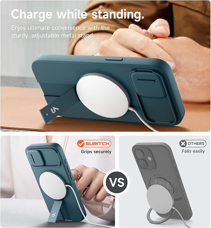 SURITCH for iPhone 17e/16e Case with Magnetic Camera Slide Cover and Adjustable Kickstand, Compatible with MagSafe, Shockproof Bumper Case Slim Protective Cover 6.1 Inch,Lake Green - Image 5