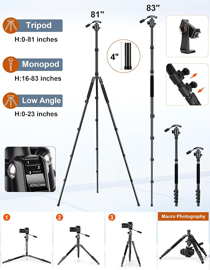 83" Camera Tripod, Aluminum Tripod Monopod for DSLR Phone | Heavy Duty Travel Tripod for Spotting Scope Binoculars Telescope Camcorder, 360° Ball Head, Max Load 35lb - Image 5