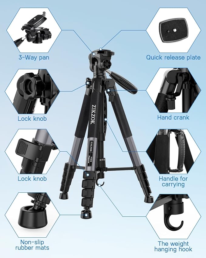 75" Camera Tripod Stand, Heavy Duty with Remote for DSLR iPad iPhone | Aluminum Tripod 20% taller, Foldable 2.9lb, Remote & Carry Bag, 15lb Load, for Sony Canon Nikon Phone Tablet Spotting Scope - Image 8