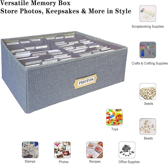Linen Photo Storage Box – Holds 1700 Photos, Photo Organizer with Lid for Photo, Pictures, 24 Adjustable Dividers & 72 Labels Multi-Use Organizer Memory Box for Envelopes, Baby, Wedding, Cards Grey - Image 3