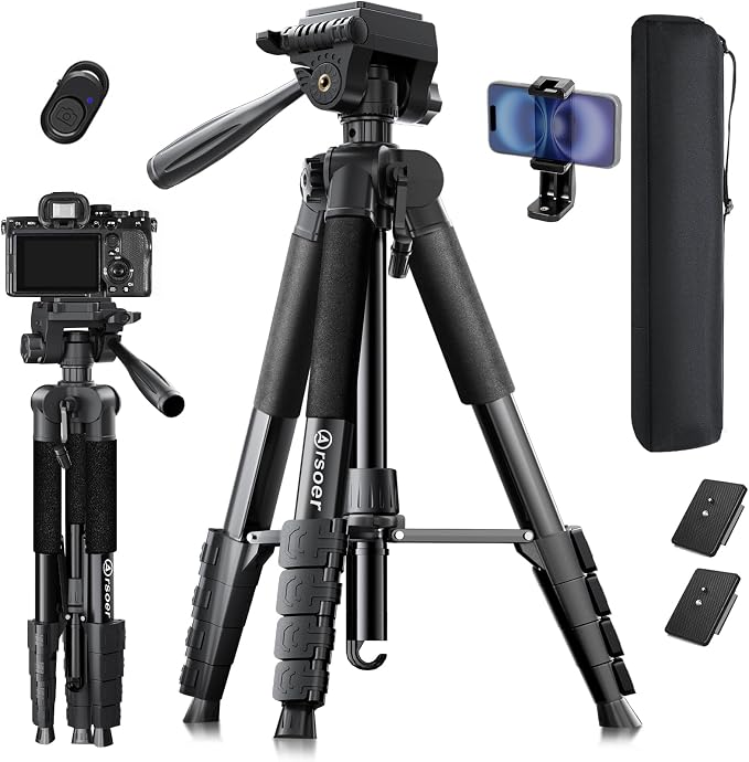 74" Camera Tripod Stand with 2 QR Plates for DSLR Sony Nikon Canon, Lightweight Video Mount for Travelling, Adjustable Phone Holder with Fluid Head and Wireless Remote (Max Load 6kg) by Arsoer