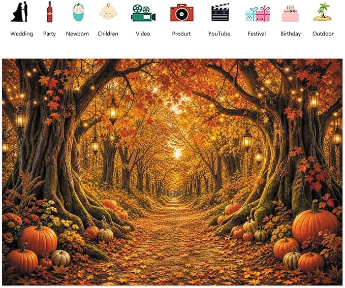 Fall Forest Photo Backdrop 12x8ft Autumn Garden Backdrop for Photography Fall Pumpkin Maple Wonderland Floral Background for Photoshoot Thanksgiving Birthday Photo Booth Props Vinyl - Image 2