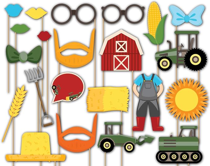 Farm Green Tractor Time Photo Booth Props Kit - 20 Pack Party Camera Props Fully Assembled by BirthdayGalore