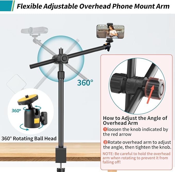 Camera Desk Mount Webcam Stand with Overhead Articulating Magic Boom Arm 1/4" Ball Head for DSLR Tripod, Adjustable Light Stand, Tabletop C Clamp for Ring Light Photo Video Shooting Live Streaming - Image 4