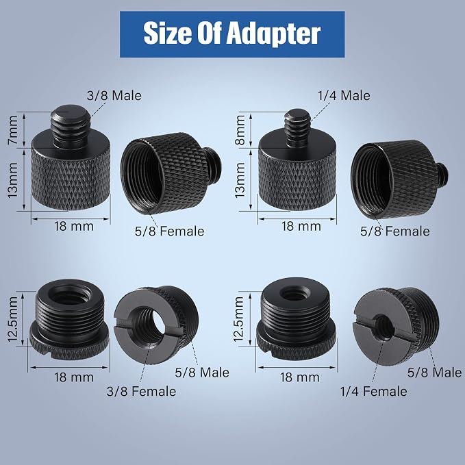 8pcs Mic Stand Adapter Screw Thread Adapter for Microphone, Black | 5/8 Female to 3/8 Male, 3/8 Female to 5/8 Male, 5/8 to 1/4 and 1/4 to 5/8 Screw, Reliable Not Easy to Fade Rust or Corrupt - Image 2