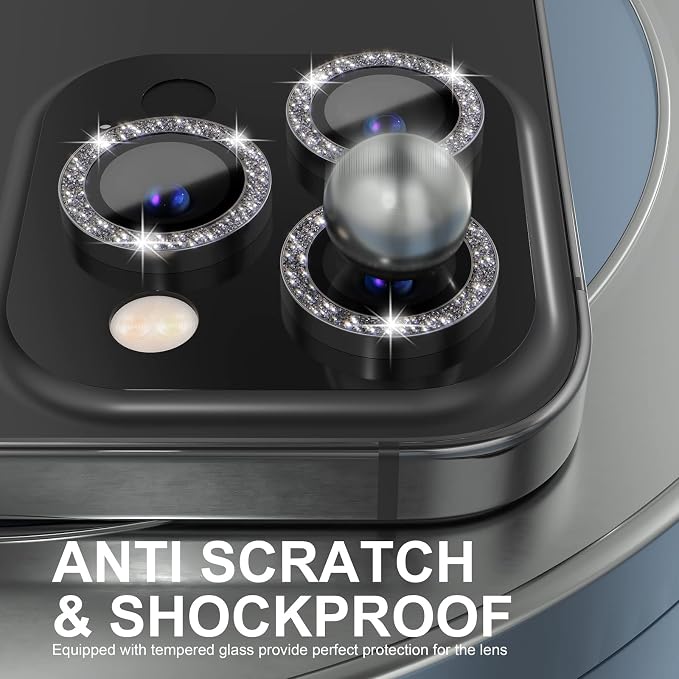 Choiche for iPhone 14 Pro/iPhone 14 Pro Max Camera Lens Protector | Ultra HD, Bling 9H Tempered Glass Camera Cover Screen Protector Metal Ring Decoration Accessories (Glitter-Black) - Image 3