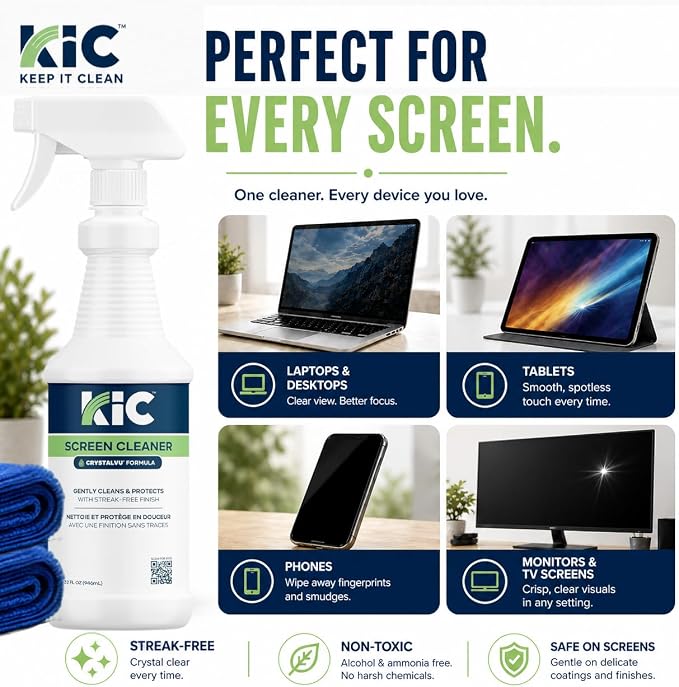 KIC CrystalVu Screen Cleaner Spray Kit (32oz) with 2 Microfiber Cloths | Streak-Free Cleaner, For TV, Phone, Laptop, Monitor & Tablet Screens, NSF Certified Safe Formula - K2-KCVZ1 - Image 4