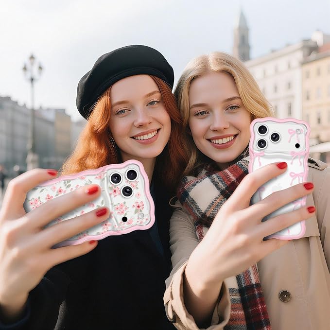 QLTYPRI for iPhone 17 Pro Pink Flower Case, Clear Cute Pink Floral Flower Phone Case Curly Wavy Aesthetic Phone Cover, Soft Slim Transparent TPU Shockproof Protective Cover for Women Girls - Pink - Image 6