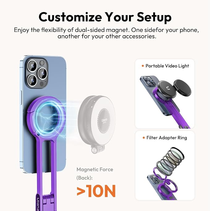 ULANZI MA30 Magnetic Phone Tripod Stand for iPhone-Aluminium Maglock Smartphone Mini Tripod Pocket Cell Phone Stand Strong Magnet Quick Mount Compatible with iPhone 17 16 15 14 13 12 Series, Purple - Image 6