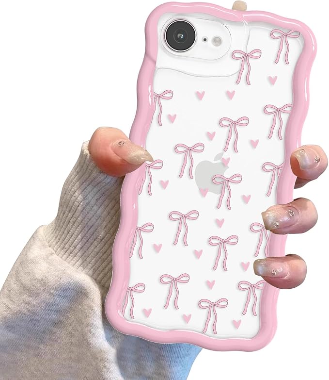 QLTYPRI for iPhone 17e/16e Pink Bow Case, Clear Cute Pink Ribbon Bow Phone Case Curly Wavy Aesthetic Phone Cover, Soft Slim Transparent TPU Shockproof Protective Cover for Women Girls - Love Bow - Image 7