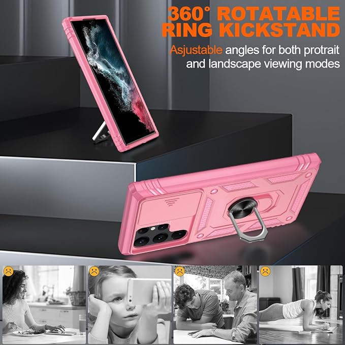 Gritup for Galaxy S22 Ultra Case Military-Grade Shockproof with Kickstand | with 2 PCS Screen Protector, Slide Camera Cover, Heavy Duty Outdoor Protection Funda para Samsung S22 Ultra Cover, Pink - Image 7