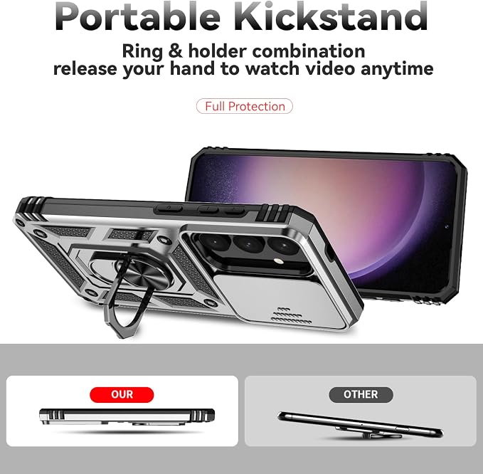 for Samsung Galaxy S24 Plus Case with Camera Lens Cover HD Screen Protector, Military-Grade Drop Tested Magnetic Ring Holder Kickstand Protective Phone Case for Samsung Galaxy S24 Plus 2024 (Silver) - Image 7