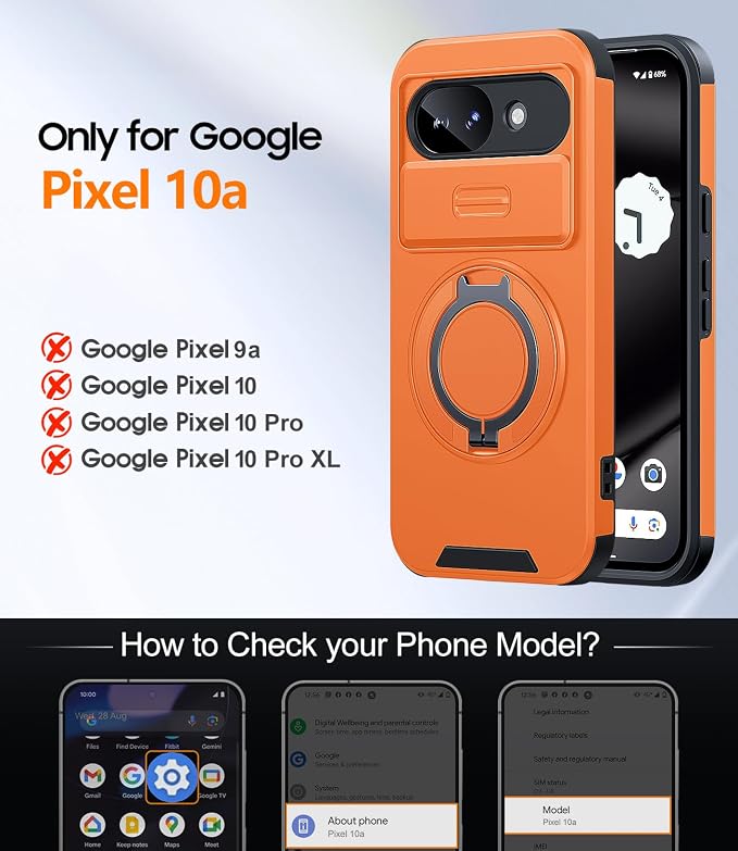 JAME for Google Pixel 10A Case with Ring Stand & Slide Camera Cover Orange | Ring Holder Kickstand, Screen Protectors, Dual-Layer Shockproof Protective, Magnetic Accessory Friendly Phone Case, Orange - Image 2