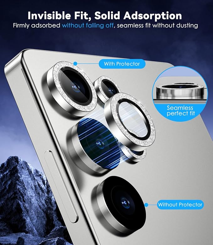 CloudValley for Samsung Galaxy S25 Ultra Camera Lens Protector Bling | 9H Tempered Glass + Aluminum Alloy Lens Protective [Glitter Decoration] Ultra-HD Camera Cover,Glitter Titanium Whitesilver - Image 4