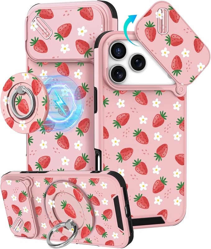 Buleens for iPhone 17 Pro Max Case 6.9 Inch - with Ring Stand & Camera Cover Aesthetic Cute Designed Women Girls Pretty Girly Kawaii Strawberry Phone Case for iPhone 17 Pro Max Compatible with Magsafe by Buleens