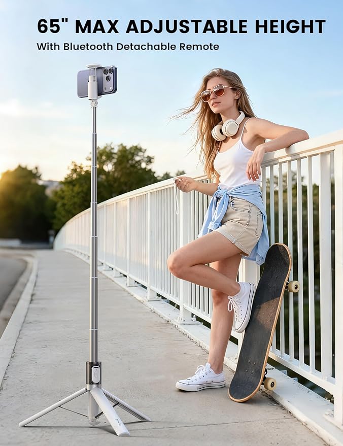 Lamicall 65" Tripod for iPhone 0.77lb Selfie Stick with Remote & Cold Shoe | Auto Open Phone Tripod Ultra-Stable Phone Stand for Recording for Travel Live Stream Vlog fit iPhone 17 Pro Max Android-White - Image 3