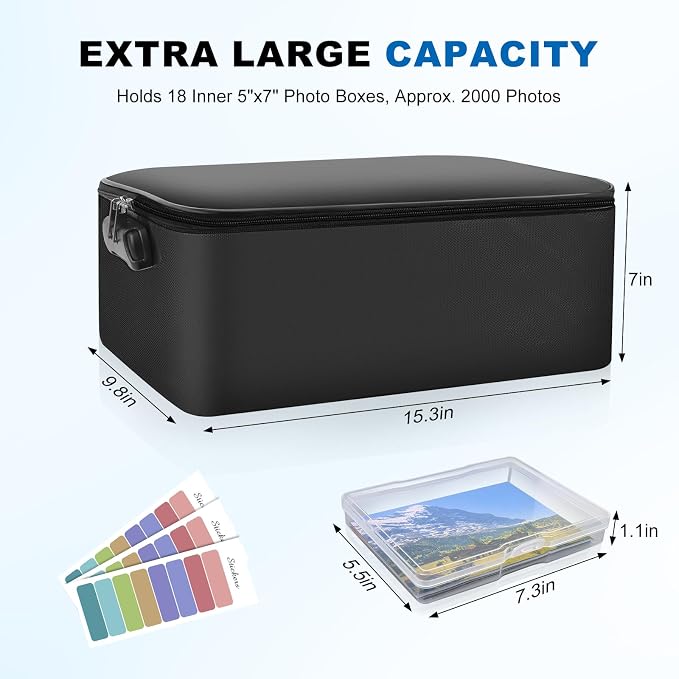 FUIJOL Fireproof Photo Storage Box with 18 Inner 5x7 Photo Cases, Lockable Collapsible Box with Handle, Photo Boxes Storage for Picture, Portable Photo Organizers and Storage for Scrapbook & Documents - Image 3