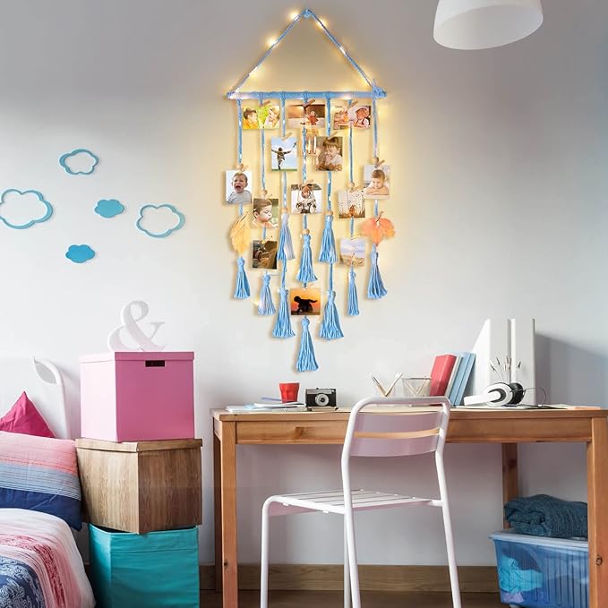 Homecor Hanging Photo Display Wall Decor, Blue Macrame Hanging Boho Room Bedroom Decor, Picture Frame Collage with Light & 30 Clips, Christmas Teenage Teen Girl Gifts Ages 10 11 12 13 14 Years Old - Image 4
