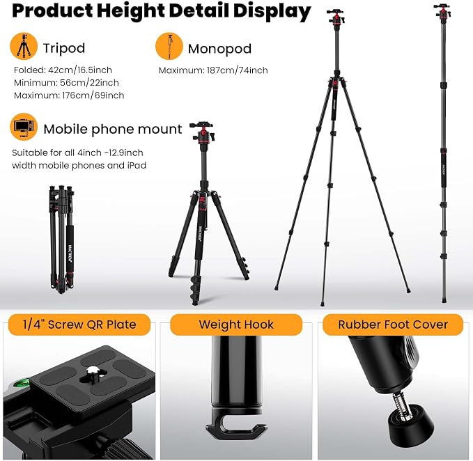 MACTREM Heavy Duty Aluminum Camera Tripod 67" Travel Monopod 360° Ball Head | Lightweight 2.6lb Load13lb Folds 16.5", Phone Holder 74" Height Monopod DSLR Smartphone Tablet Projector IPad Binoculars - Image 2