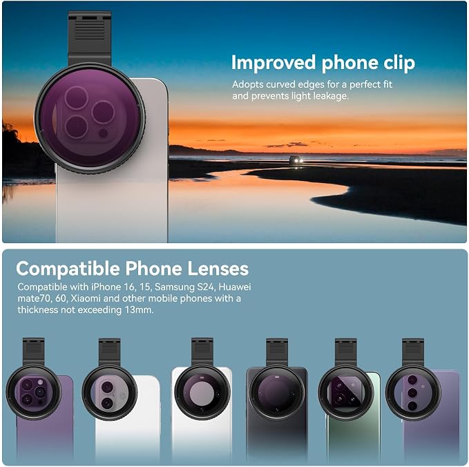 APEXEL 67mm Variable ND2-32 ND Filter for iPhone/DSLR Neutral Density Filter for iPhone Camera Lens 16 15 14 13 12 Pro Max Samsung Galaxy Huawei with Adapter Ring, Universal Clip, Cold Shoe - Image 7