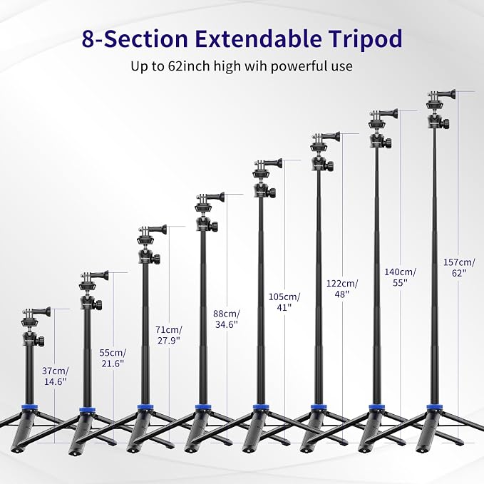 Kaitezenz Selfie Stick Tripod for Gopro Camera, 62" Extendable Tripod Stand with 360° Ball Head 1/4" Screw, Portable Lightweight Camera Tripod for Max Hero 13 12 11 10 DJI OSMO Pocket3 Action Camera - Image 5