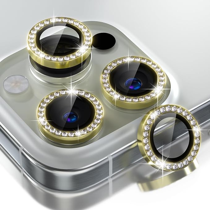 Choiche for iPhone 16 Pro/iPhone 16 Pro Max Camera Lens Protector | Ultra HD, Bling 9H Tempered Glass Camera Cover Screen Protector Metal Ring Decoration Accessories (Diamond-Gold) by Choiche