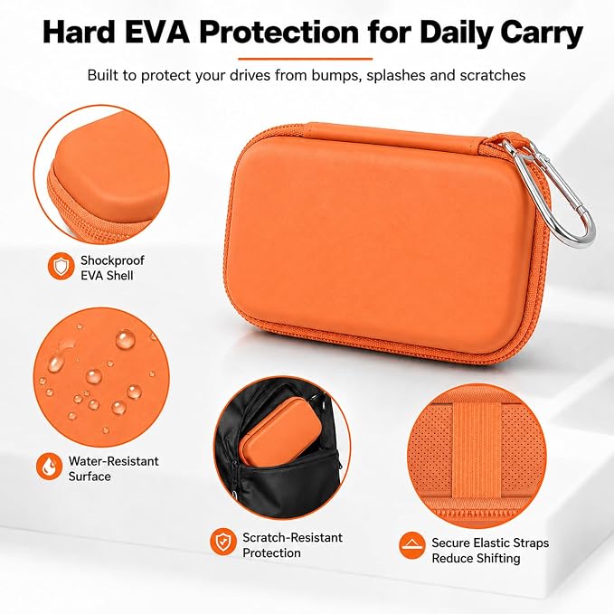 Comecase Dual SSD Case for SanDisk Extreme Portable SSD and Extreme PRO | Holds 2 Drives & 12 SD Cards, Elastic Strap Fit 500GB/1TB/2TB/4TB/8TB, Cable Groove & Carabiner for Travel, Orange, Box Only - Image 5