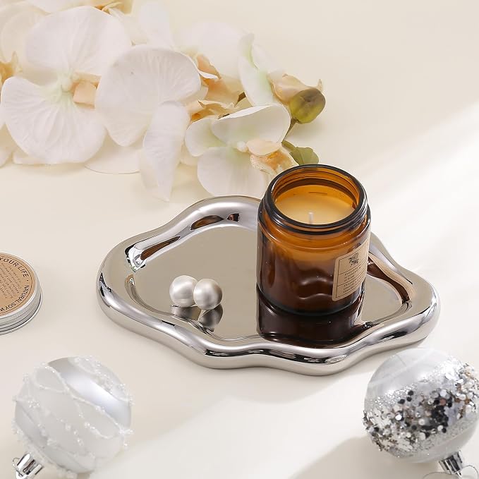 CCINPPY Ceramic Cloud Jewelry Tray Trinket Dish Key Bowl Nightstand Decor | Decorative Small Desk Tray Jewelry Plate Key Holder Bowl Cute Bedroom Room Decor Aesthetic, Gift for Women, Silver Large - Image 3
