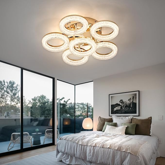 Modern Ceiling Light, 6 Rings 17.7'' Dimmable LED 60W Flush Mount Ceiling Lights with Remote Acrylic Crystal Round Ceiling Light Fixture, Bedroom Living Room Dining Room, Gold - Image 7