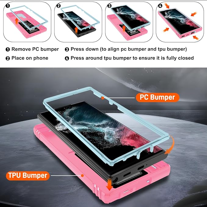 Gritup for Galaxy S22 Ultra Case Military-Grade Shockproof with Kickstand | with 2 PCS Screen Protector, Slide Camera Cover, Heavy Duty Outdoor Protection Funda para Samsung S22 Ultra Cover, Green+Pink - Image 4